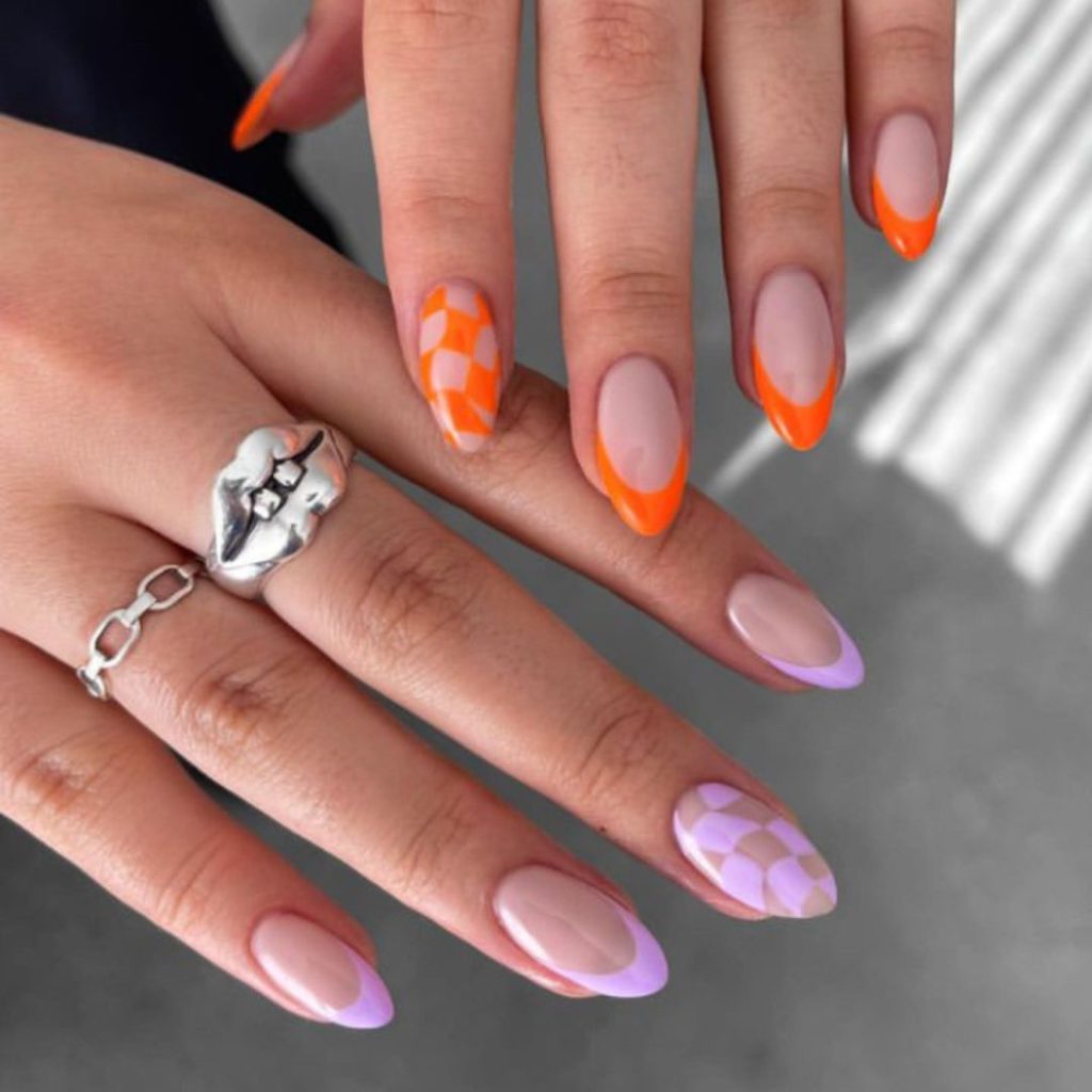 Purple and orange checkered nails