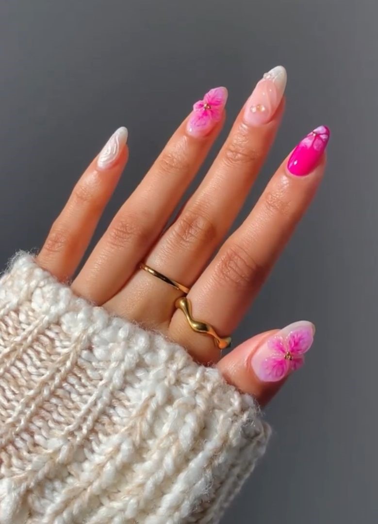 tropical pink flower nails