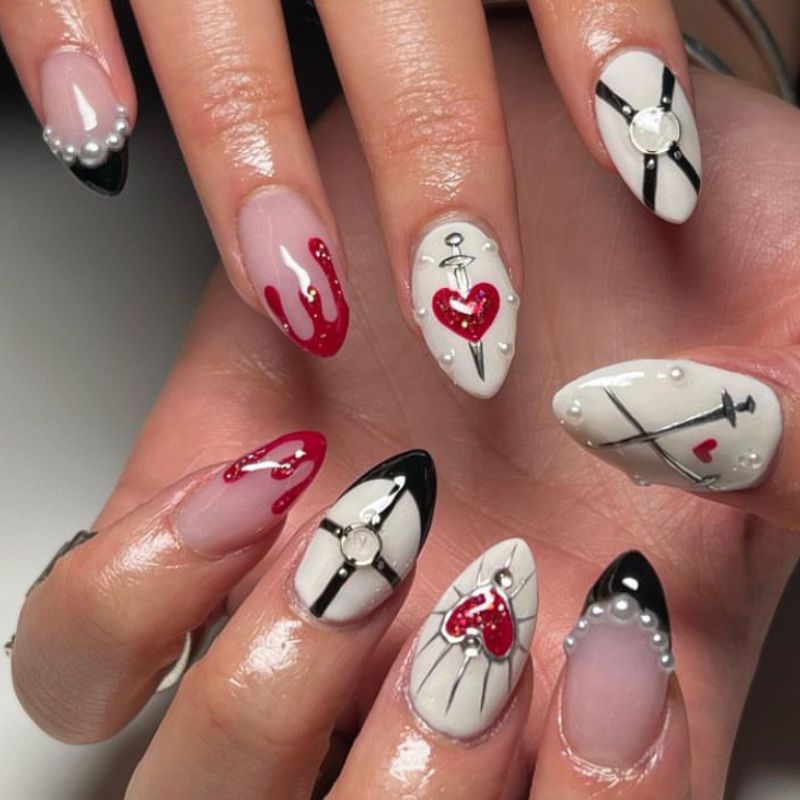 white and red goth nails