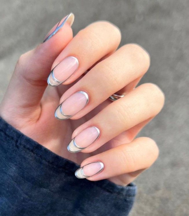 silver double french tip nails