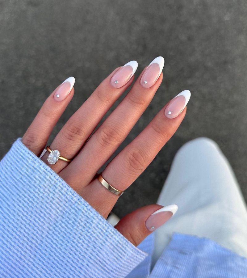 White Tips with Pearls - Pastel French Nails 