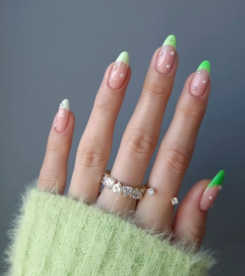 Pastel Green Tips with Pearls 