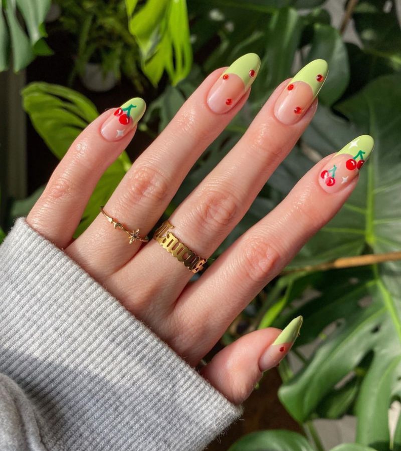 Green Cherry Tips - Pastel french nails 