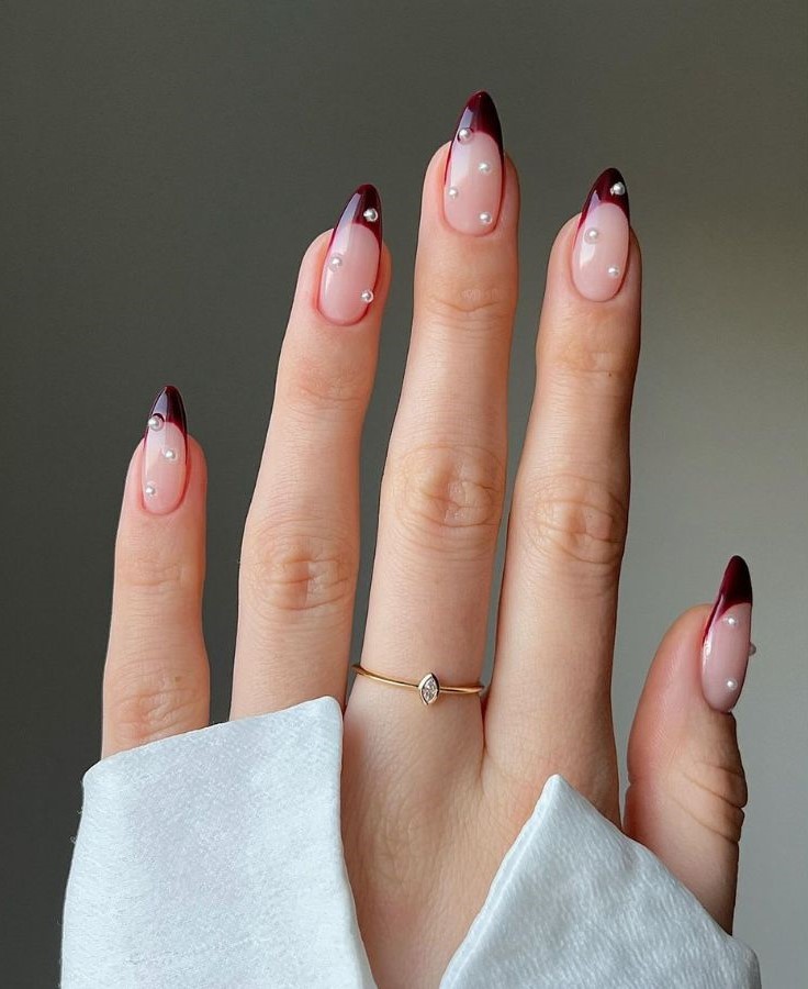 Cherry Red Nails with Pearls