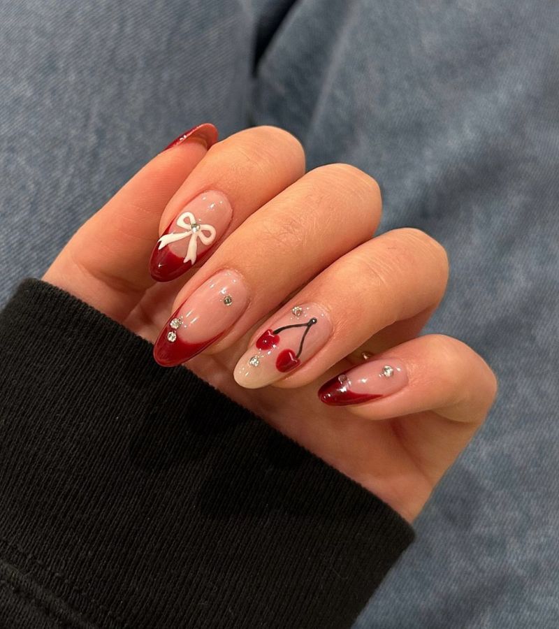 Cherry Red French Nails with Ribbons