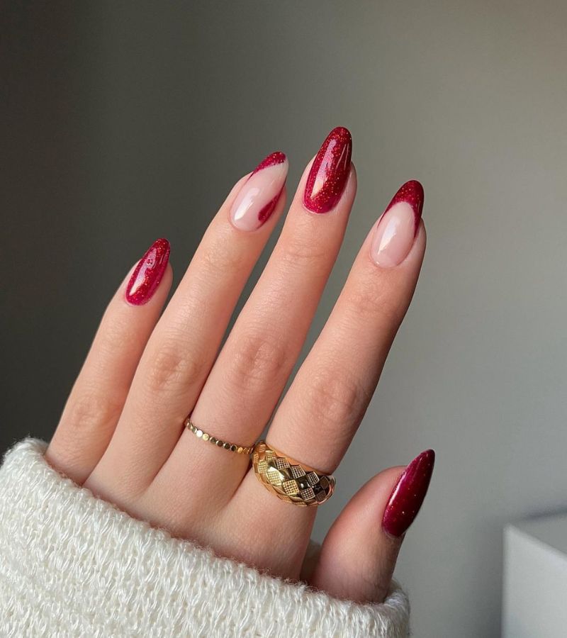 Cherry Red Glittery Nails 