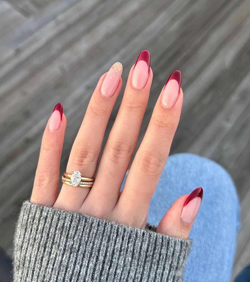 Cherry Red French Nails with Gold Sparkles