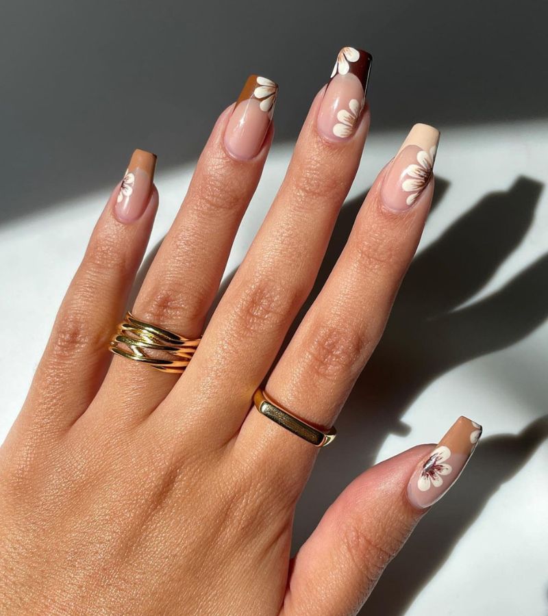 shades of brown tips with white florals