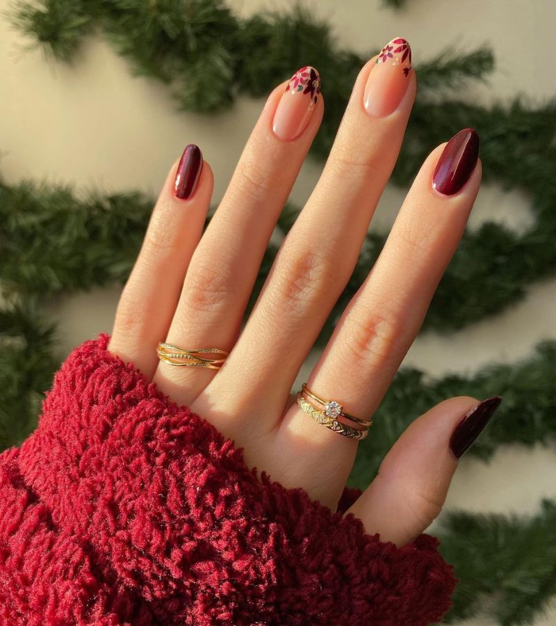 cherry floral tips - fall floral nails