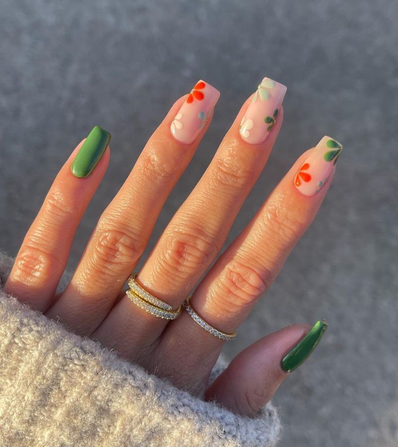 Green and orange floral nails 