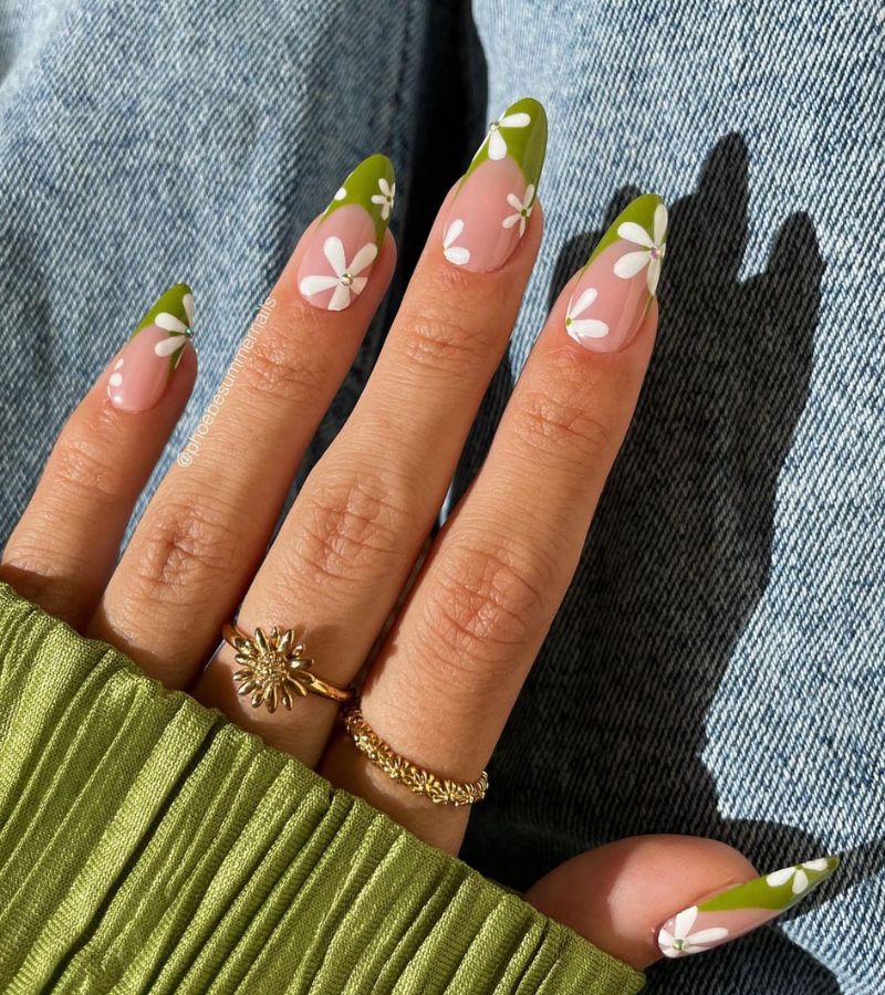  mint colored tips with white fall floral nails