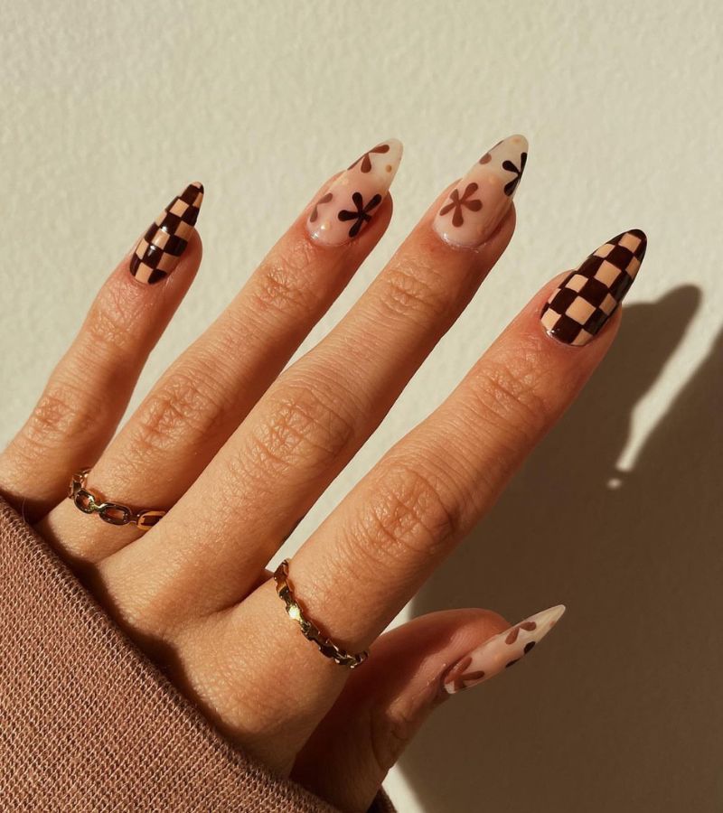 brown plaid nails with florals 