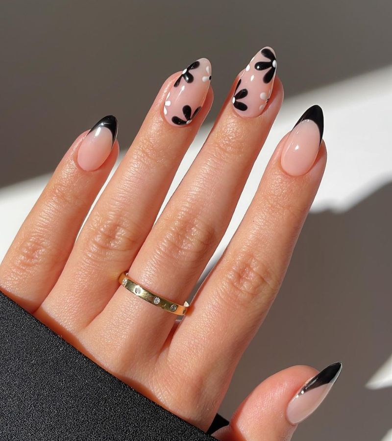 Black floral nails 