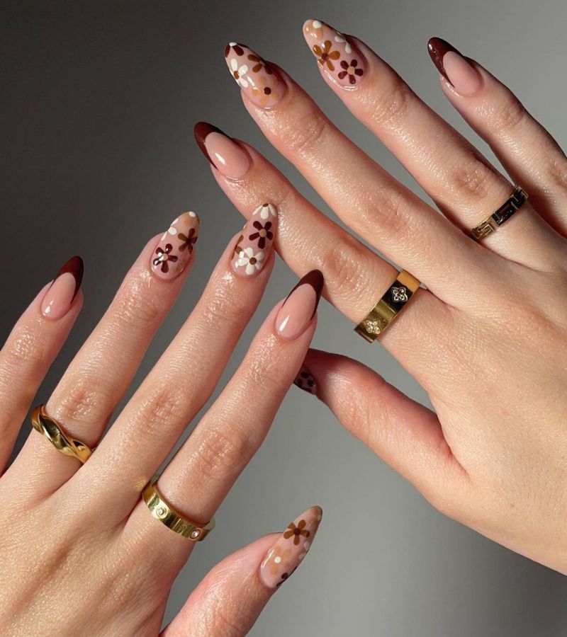 rich brown tips with floral designs