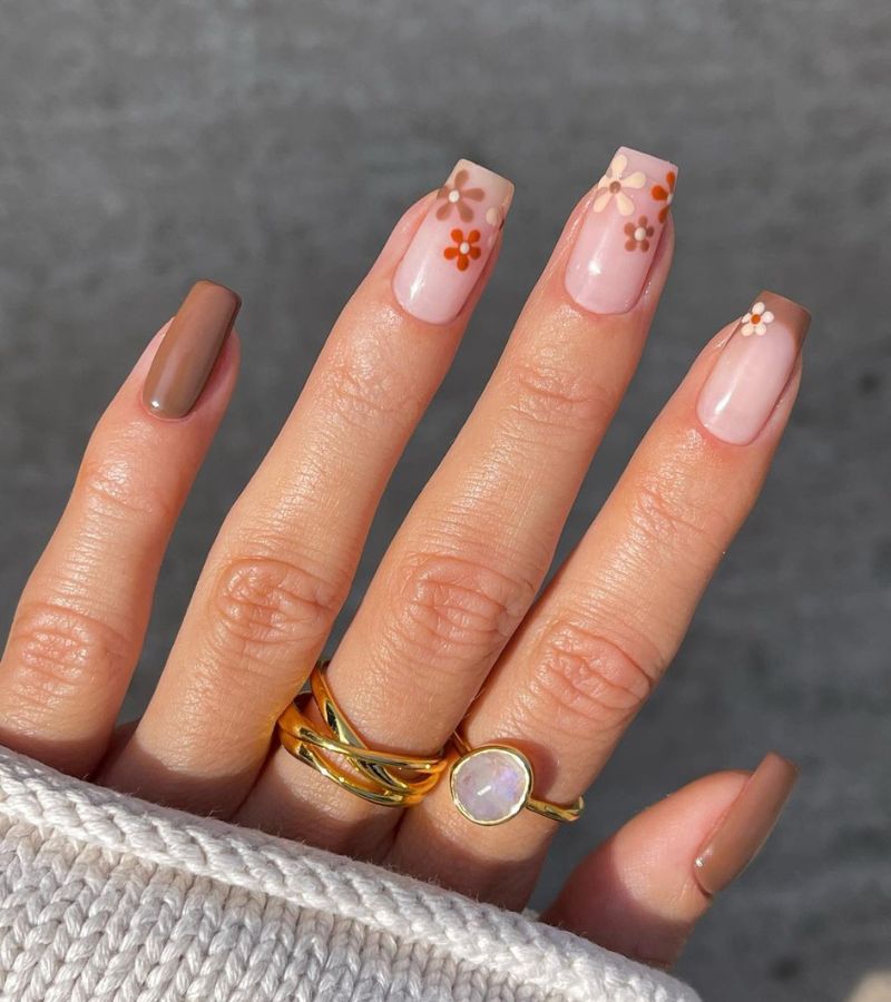 earthy tone nails with flowers