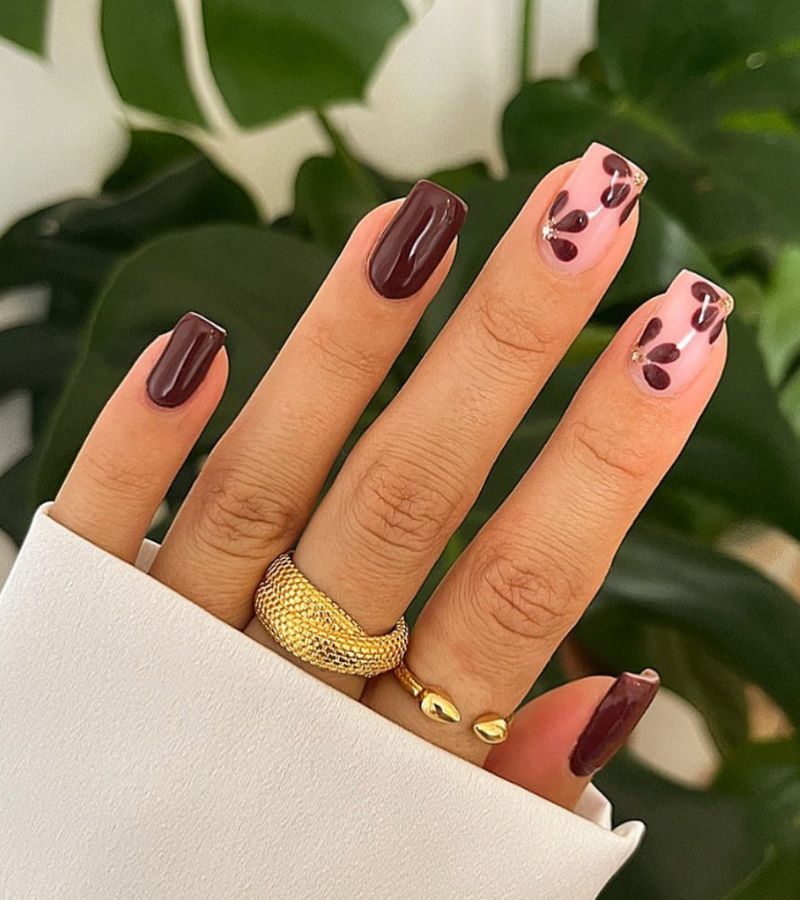 brown nails with elegant floral nails