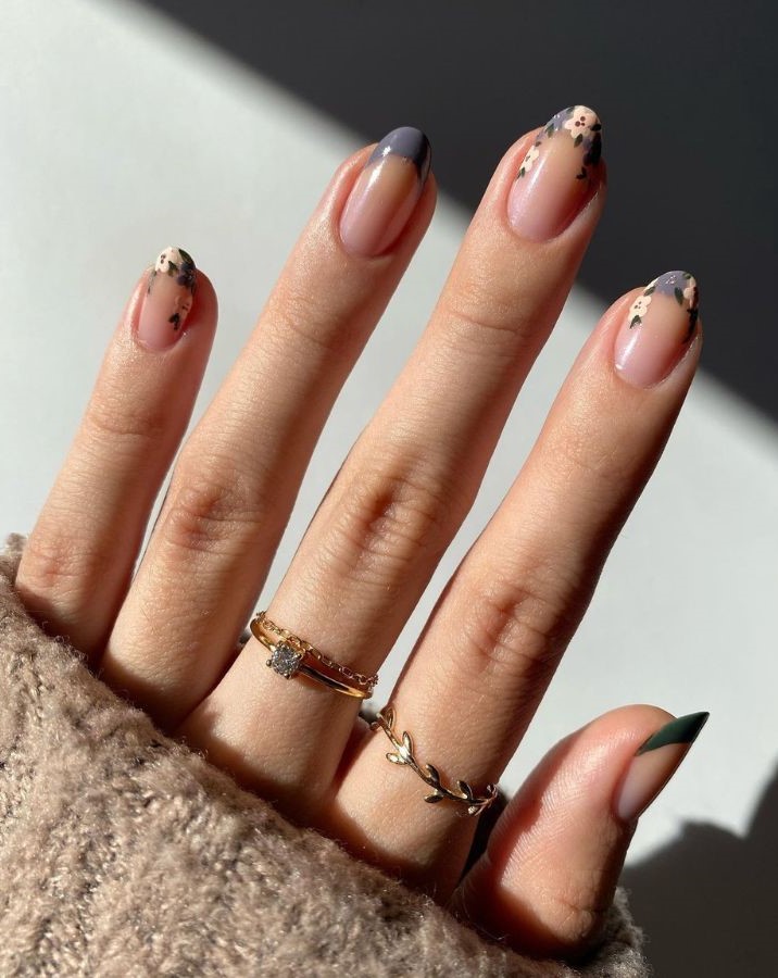 grey nails with garden-inspired floral patterns