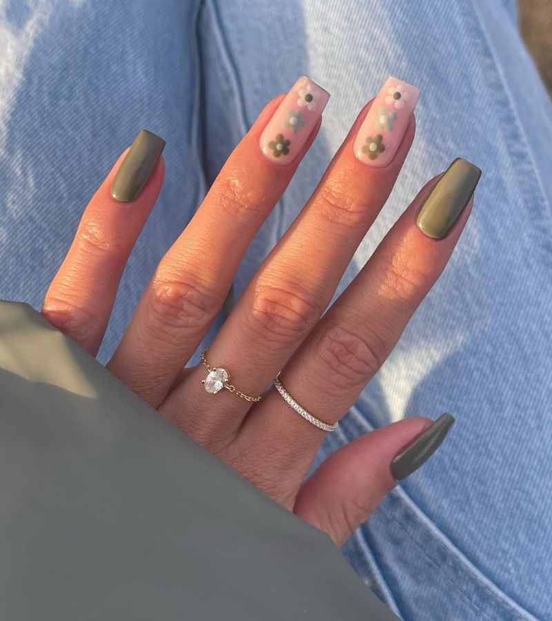 Olive fall floral nails