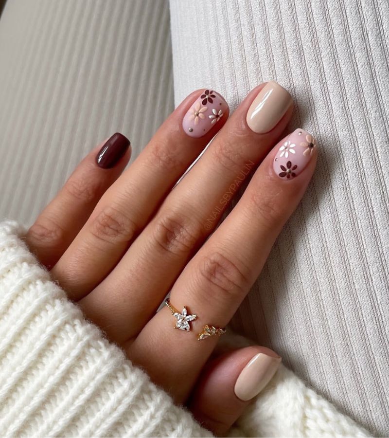 brown beige fall floral nails