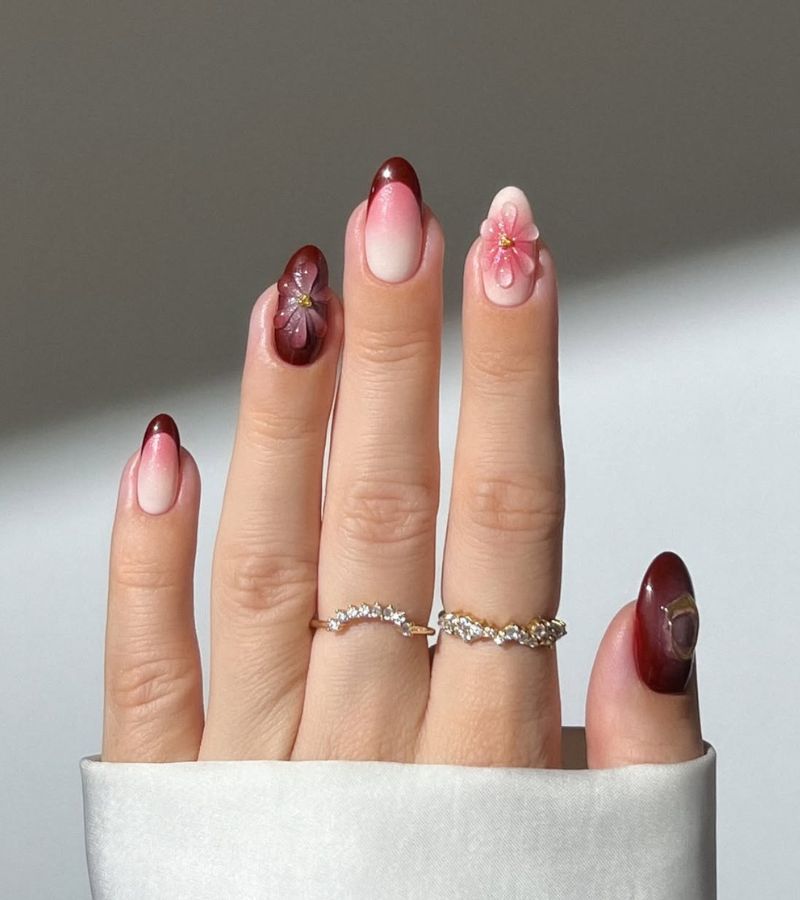 burgundy 3d fall floral nails