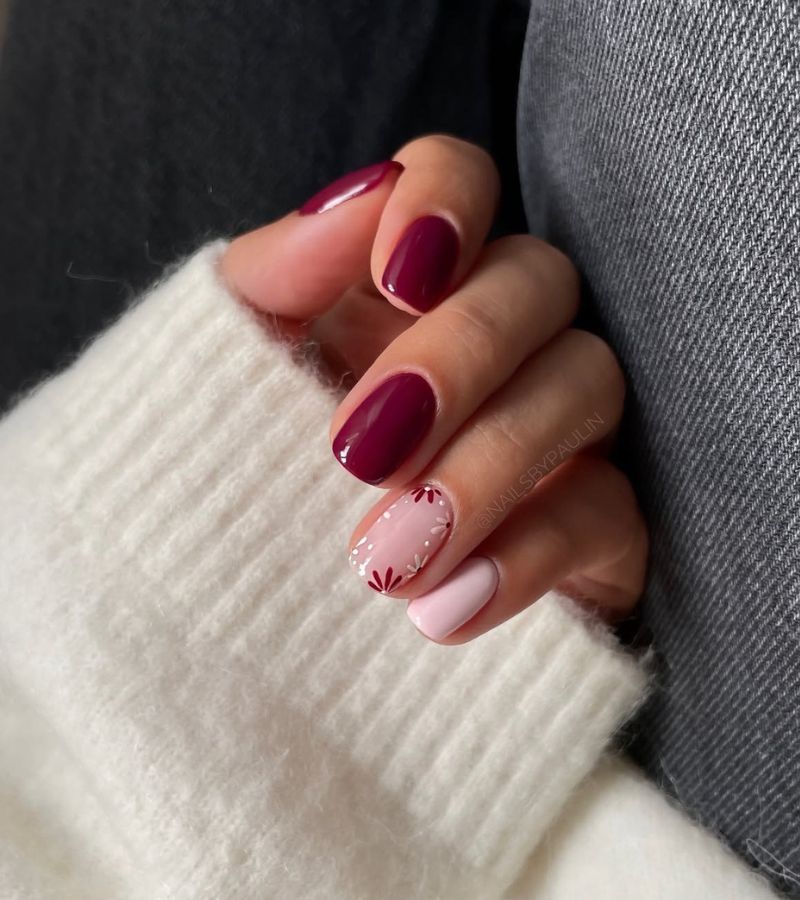 deep pink fall floral nails
