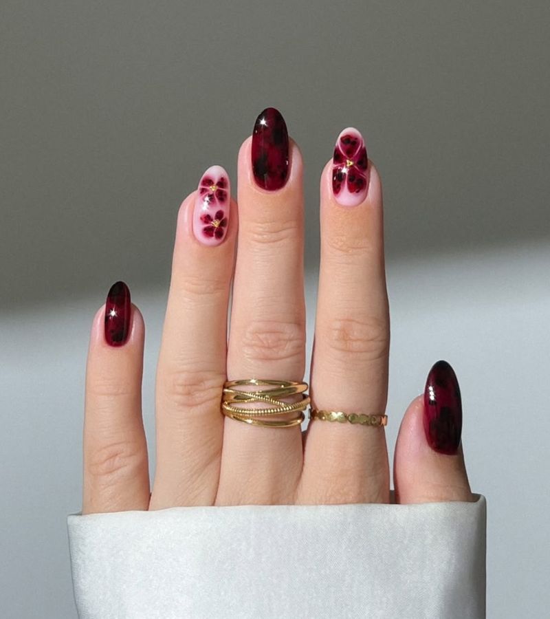 deep burgundy floral nails