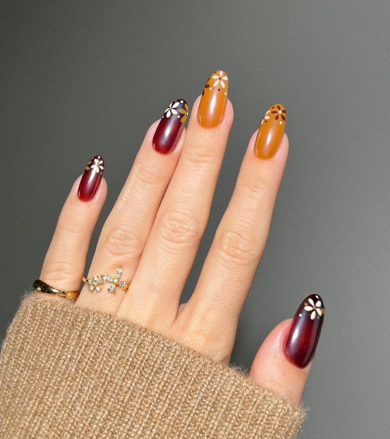 Chocolate and caramel floral nail designs