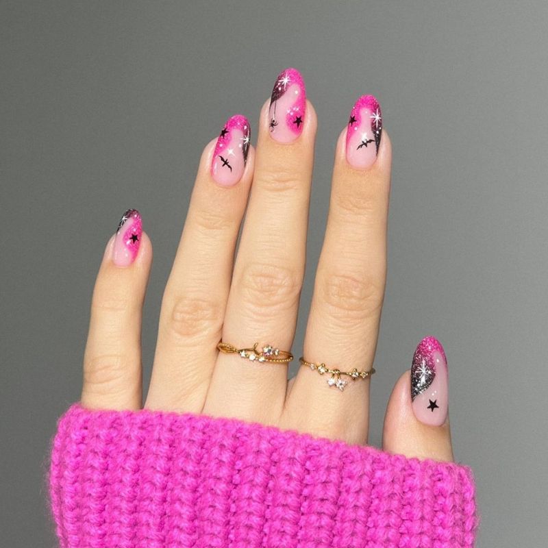 Glittery Pink tips with bats