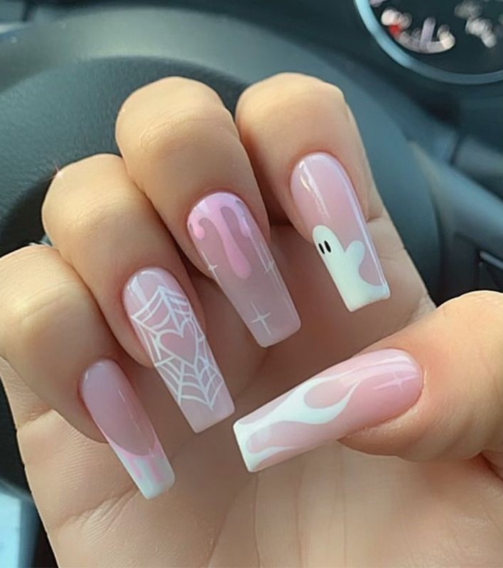 Subtle Pink and White Halloween Nails