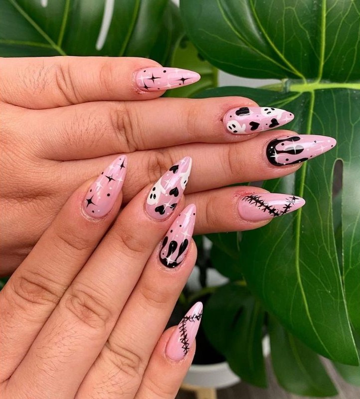 Pink and Black Halloween Nails