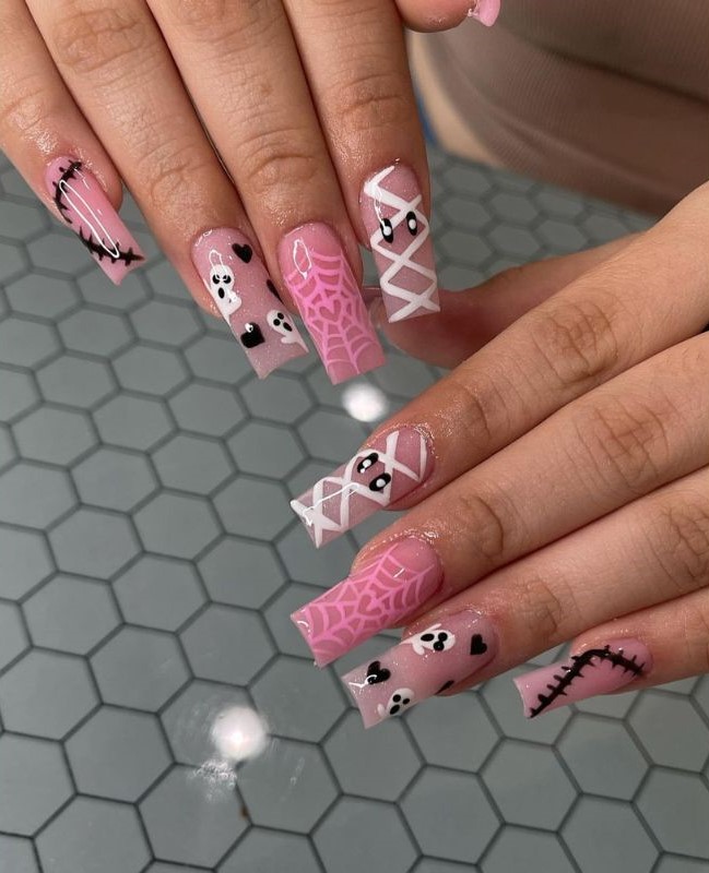 Ghost & Mummy Mix Pink Halloween Nails