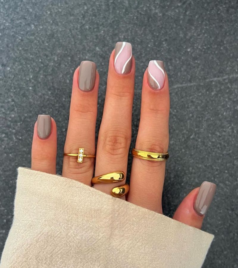 grey nails with white lines - short fall nails 