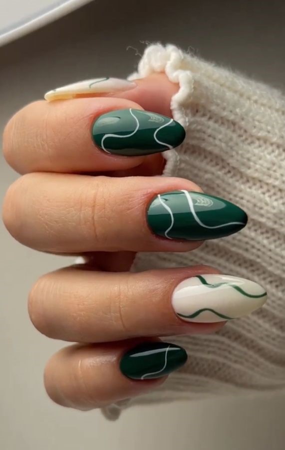 Dark Green Nails with white swirls