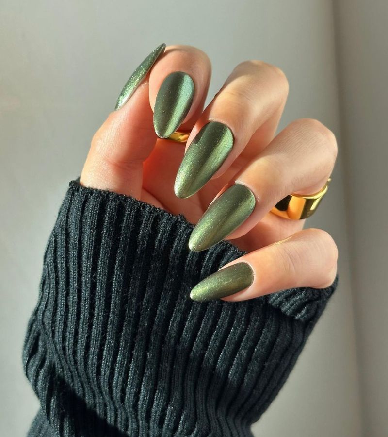 Dark Green Chrome Nails 