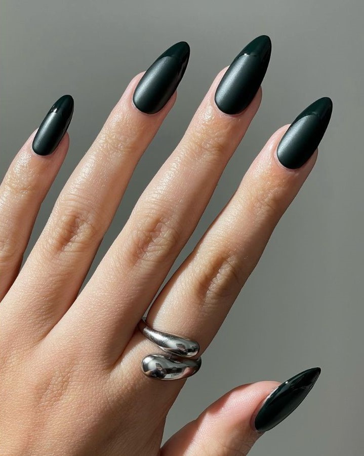 Dark Green Nails with Glossy Tips 