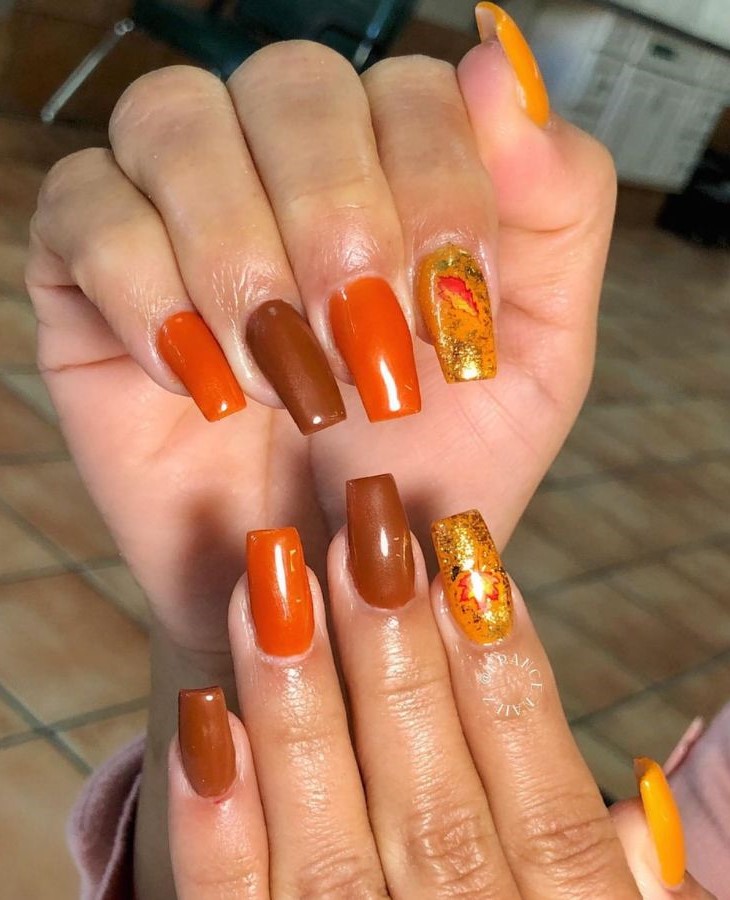 Orange and Brown Pumpkin Spice Nails 