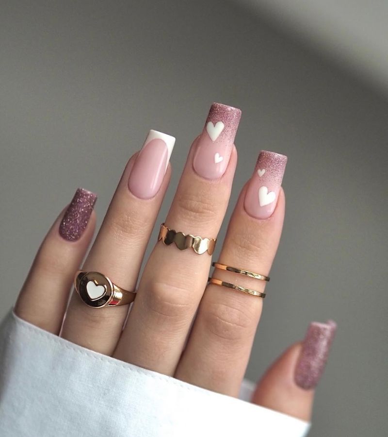 nude pink glitter heart nails 