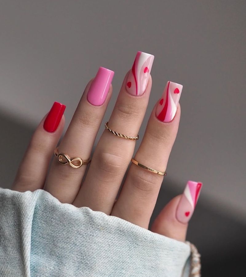 pink and red heart nails