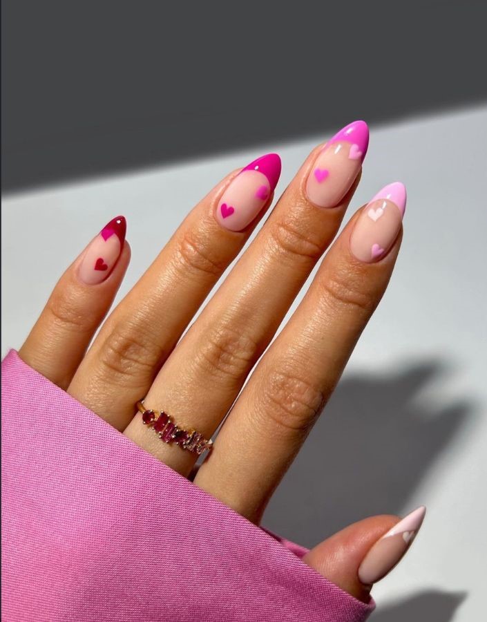 pink tips with small hearts nails