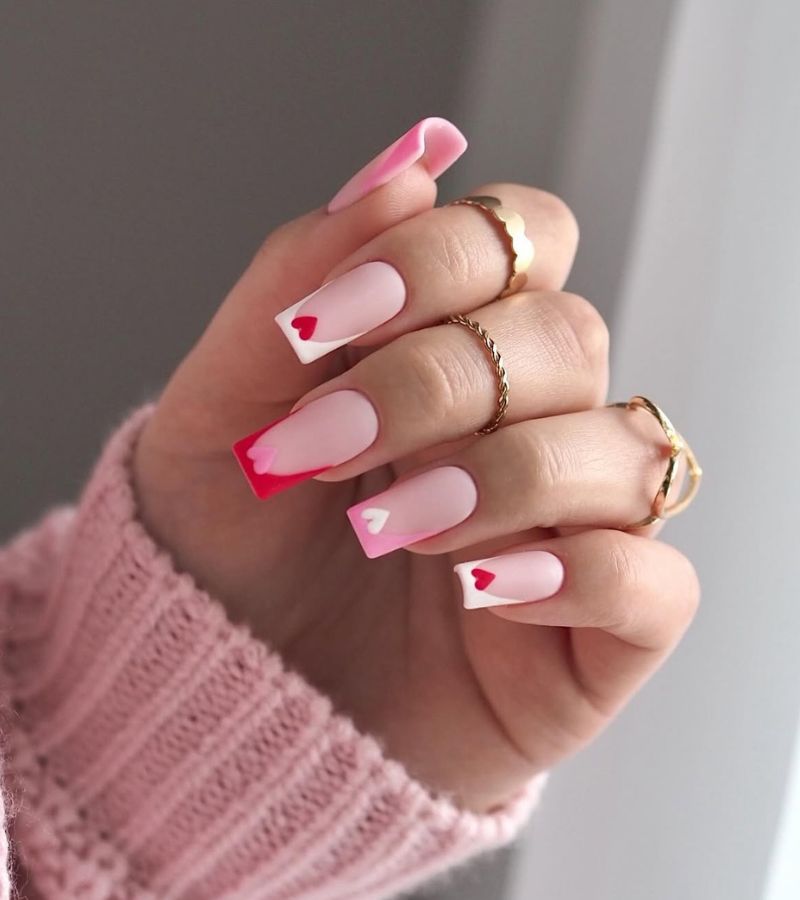 red and pink heart nails