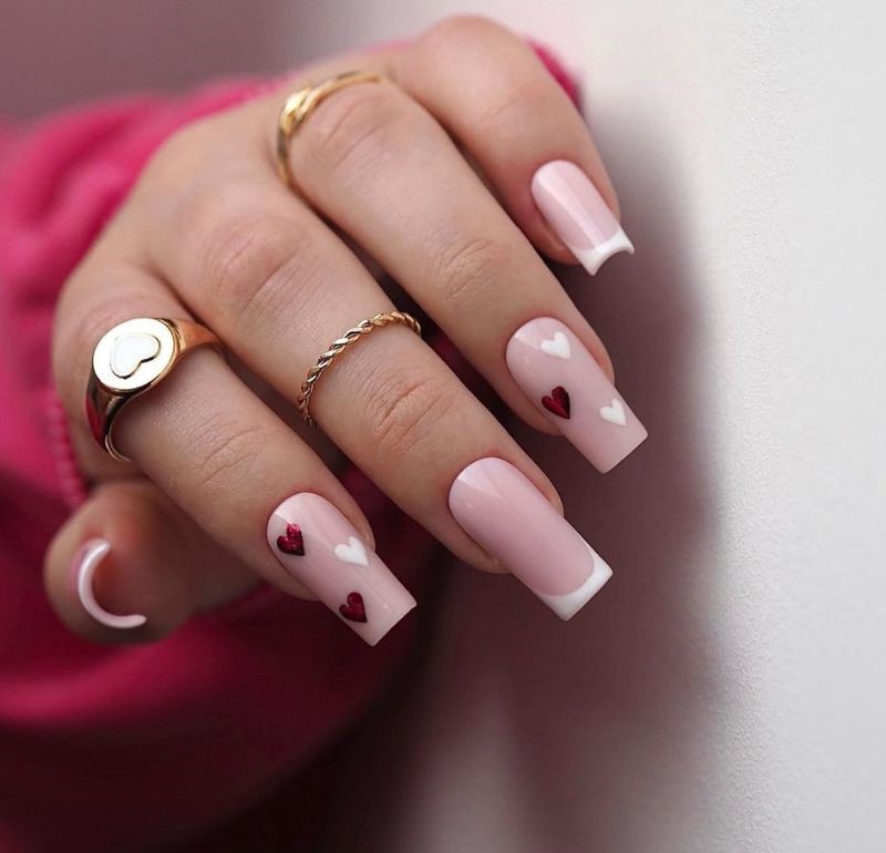 red and white heart nails 