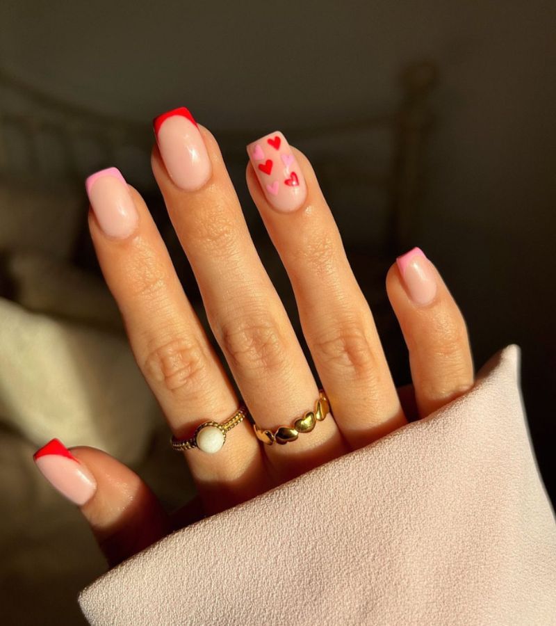 pink and red tips heart nails 