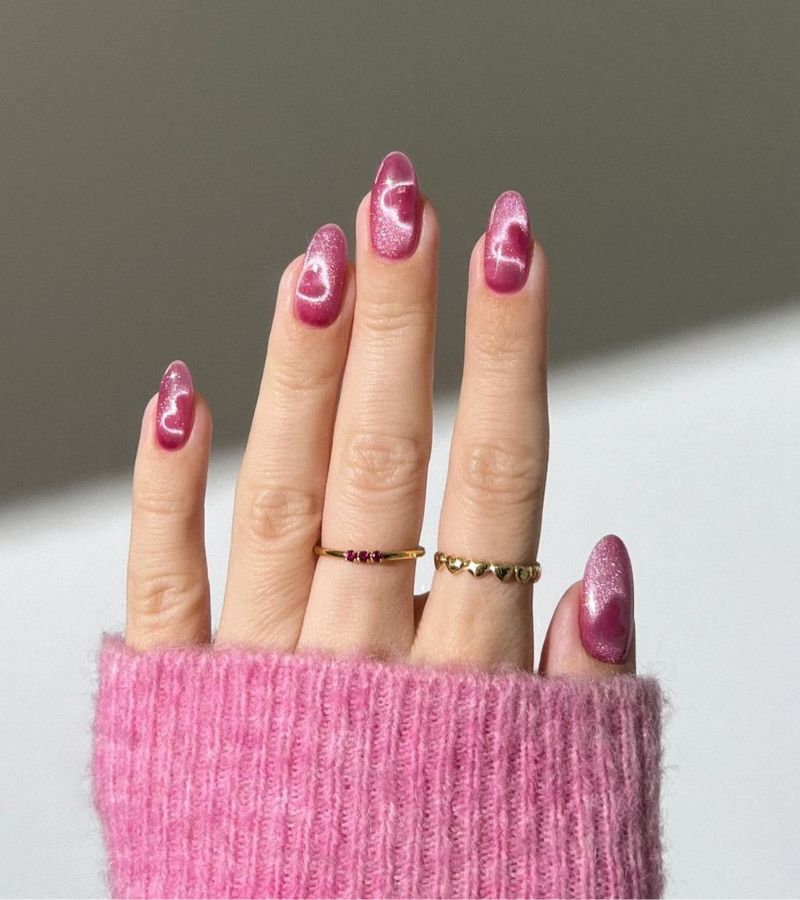 hot pink heart nails 