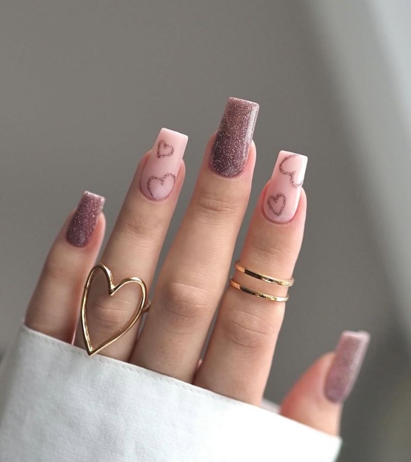 nude rose heart nails