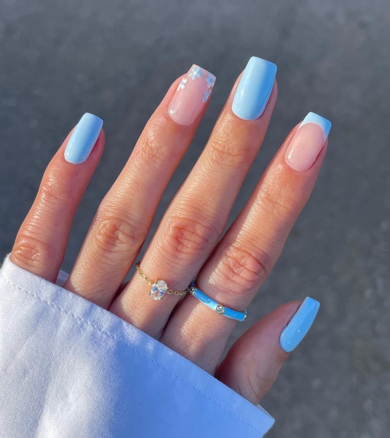 baby blue floral french tips