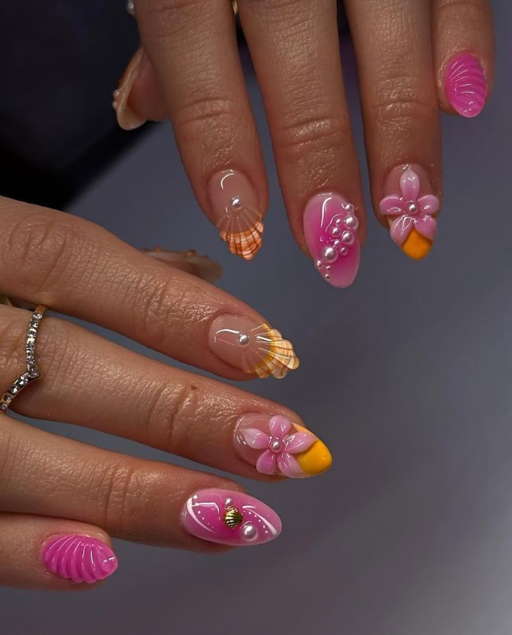 bright pink and yellow 3d nails