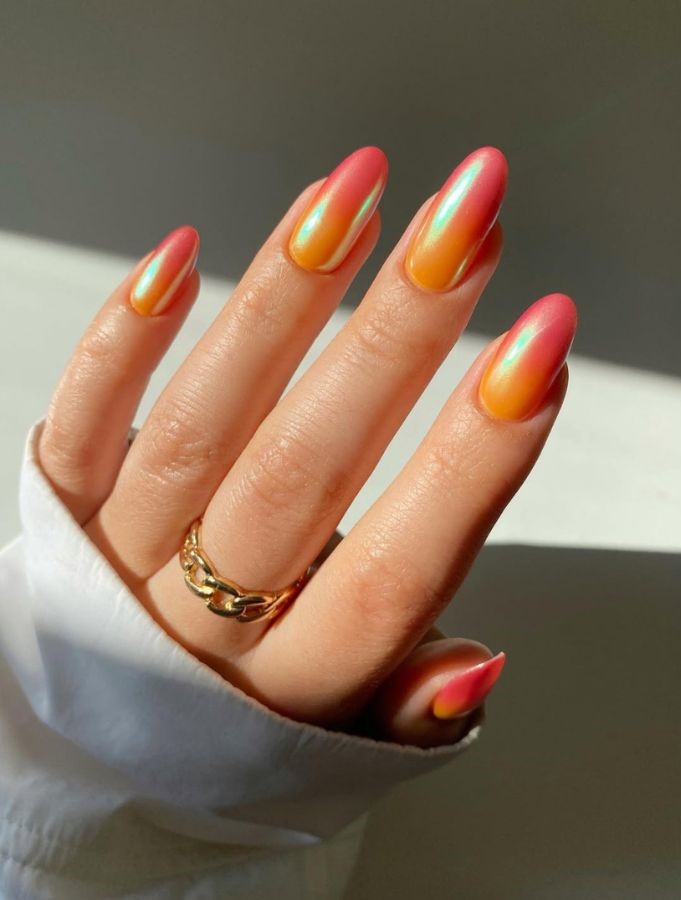 orange and yellow chrome nails 
