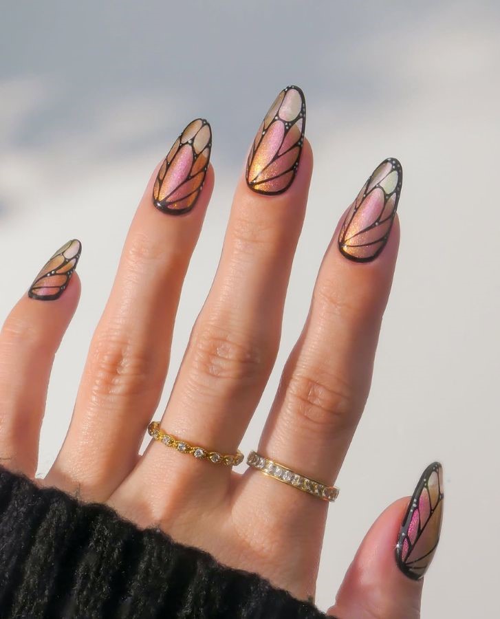 butterfly fairy nails pink and black