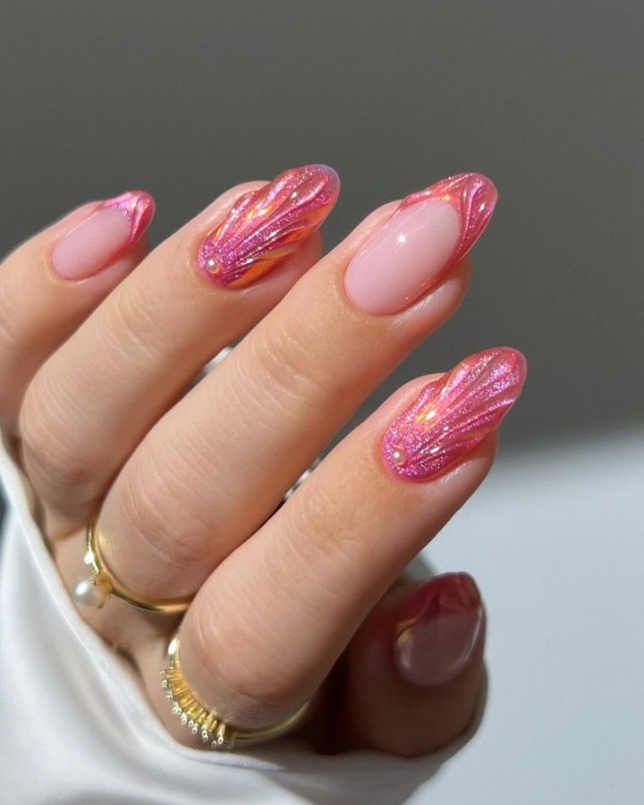 pink sparkly shell mermaid nails