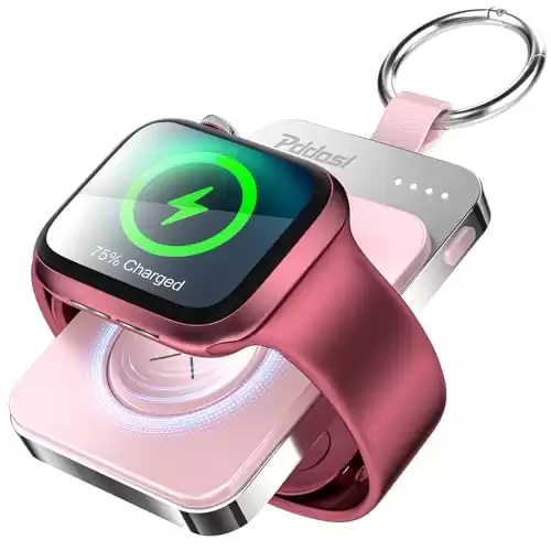 Pddosi Portable Wireless Charger Compatible for Apple Watch Series 10/9/8/UItra/7/6/5/4/3/2/SE, 1500mAh Portable iWatch Charger Travel, Magnetic Portable Watch Charger Keychain with USB C (Pink)